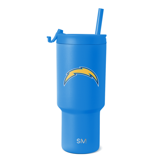 Bright blue tumbler with golden yellow accents