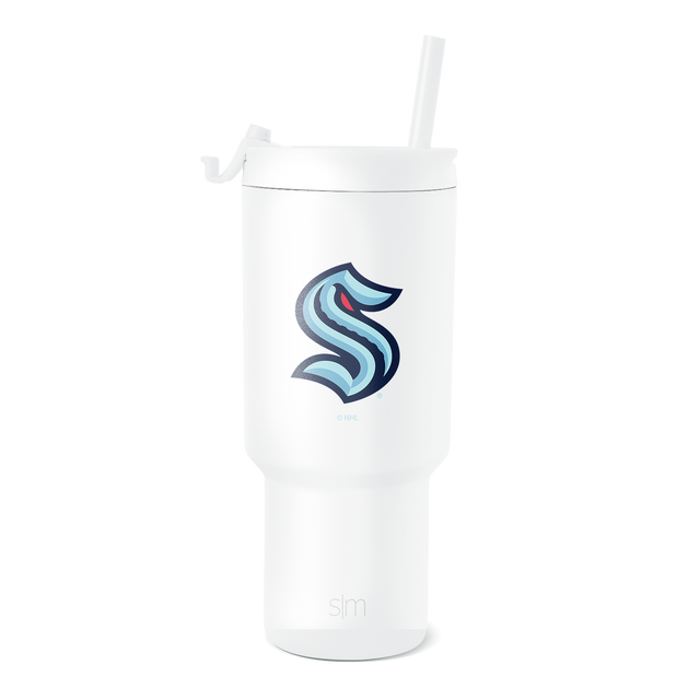 White insulated tumbler with cylindrical design and tapered lower section, widening toward the top, displayed against white background.
