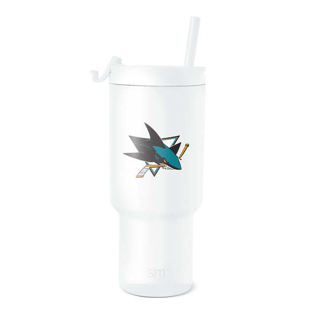 San Jose Sharks logo in teal blue, dark charcoal gray, and gold on a white tumbler with white background