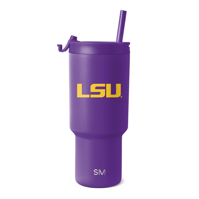 Purple tumbler with gold LSU logo and yellow accents