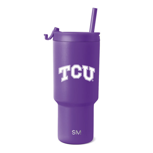 Purple metallic tumbler with white text on body and lid, featuring a pearlescent finish