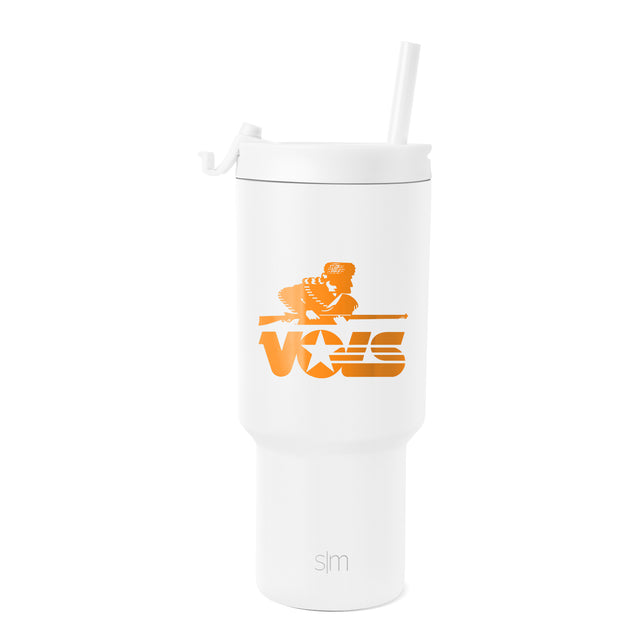 White tumbler with white lid and straw, featuring bright orange graphic design on white background