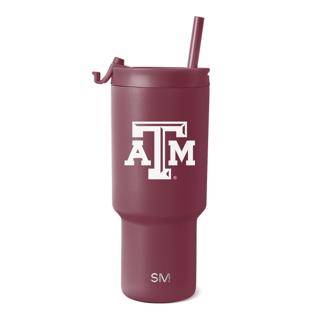 Burgundy wine-colored tumbler with white text and logos on clean background