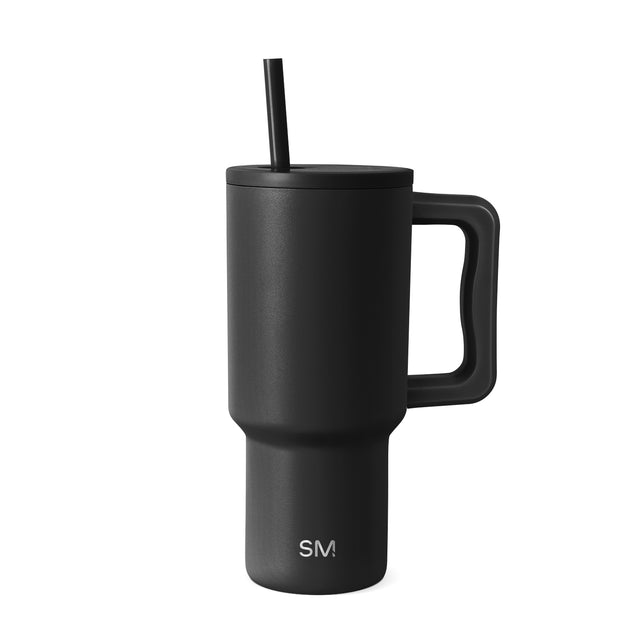 Matte black 30-ounce insulated tumbler with handle and black straw by Simple Modern, shown against white background