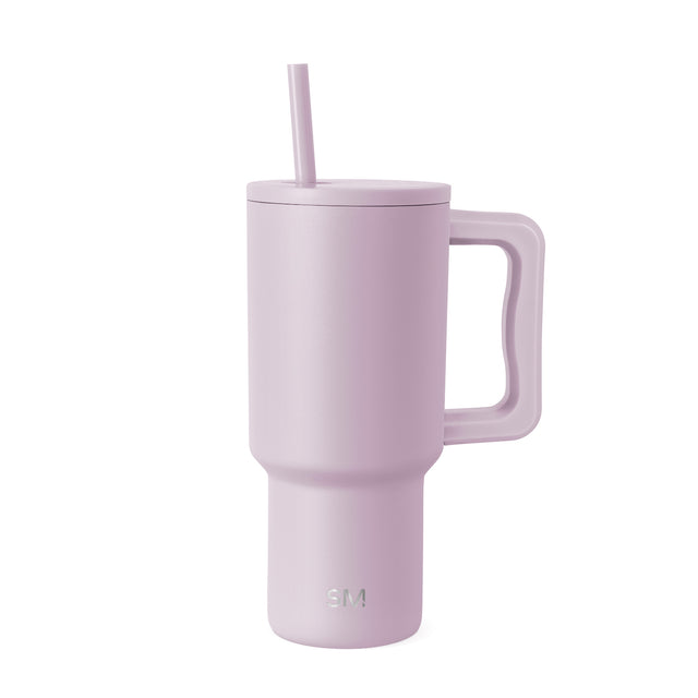 Mauve pink insulated tumbler with handle and matching straw on white background. Simple Modern logo visible on lower front. Modern cylindrical design with fitted lid.