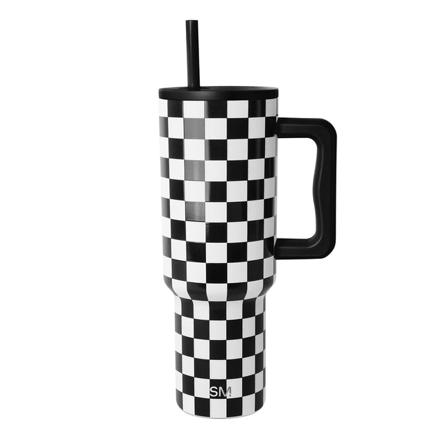 Black and white checkered 40 oz travel tumbler with black lid, handle, and straw on white background. Simple Modern logo visible on front.