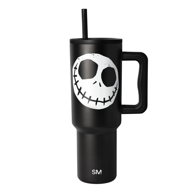 Black matte tumbler with handle on white background, cylindrical shape with tapered base and sturdy black handle on right side
