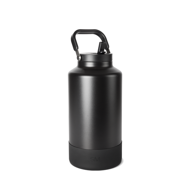 Black matte water bottle with cylindrical design and metallic reflections, featuring a removable base.