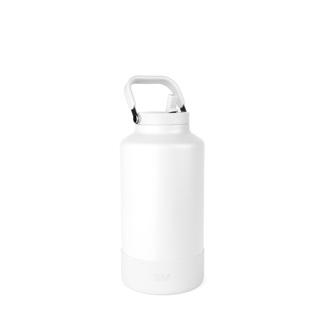 White insulated water bottle with cylindrical body, rounded base, and curved ergonomic white handle with black accents