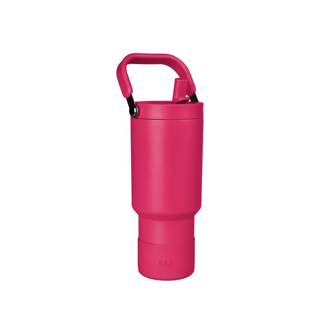 Bright hot pink water bottle with a secure screw-on cap and comfortable grip handle, displayed against a white background.