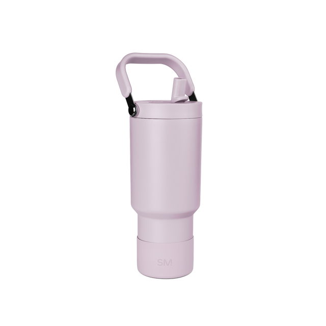 Lavender purple bottle with black carabiner attachment, product shot on neutral background