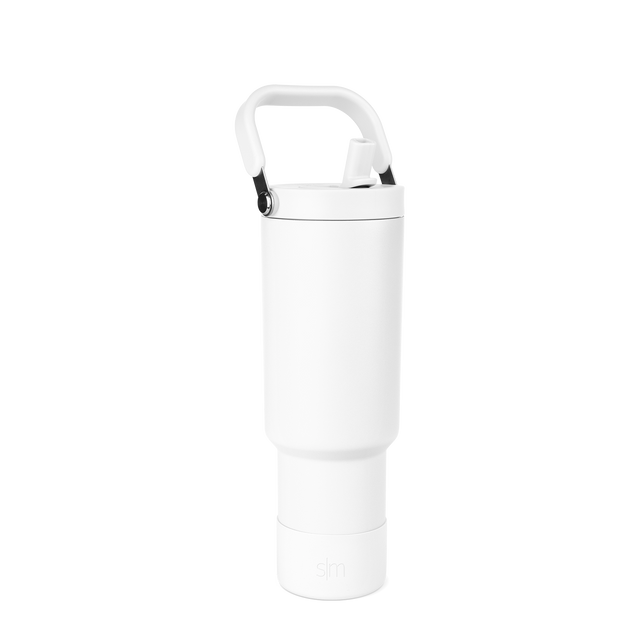 White carabiner with black attachment points at the handle against a white background