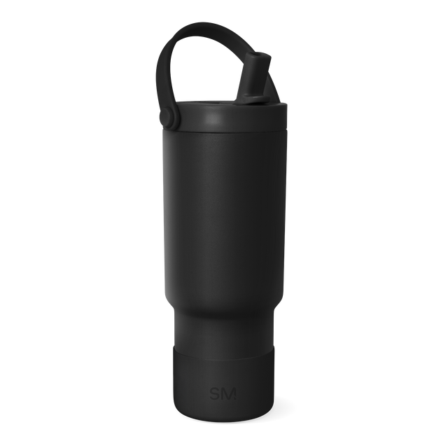 Black thermal tumbler with matte and glossy finishes, featuring a sleek cylindrical design with textured grip sections and a secure lid closure mechanism.