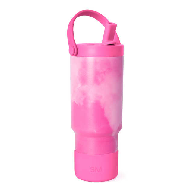 Hot pink and magenta water bottle with white accents and lighter pink upper portion