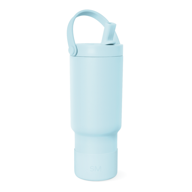 Light blue cylindrical water bottle with soft sky blue color against white background