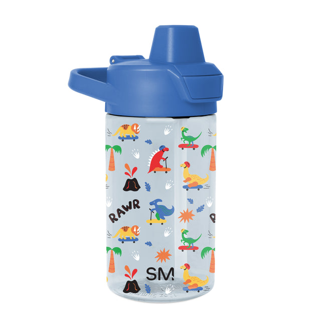 Clear plastic kids water bottle with bright blue push-button spout lid and matching blue carry loop handle on white background
