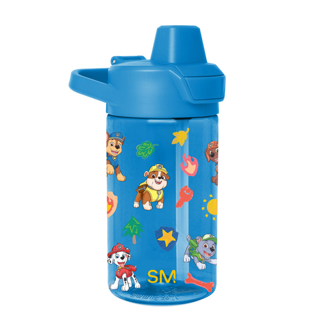 Bright blue water bottle with colorful multicolor accents in red, yellow, green, and orange on the body and lid