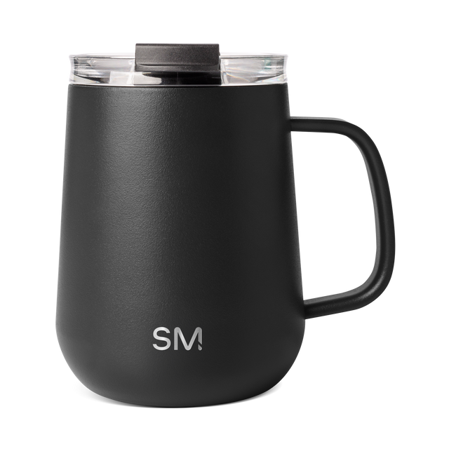 Matte black ceramic mug with clear glass rim and black handle