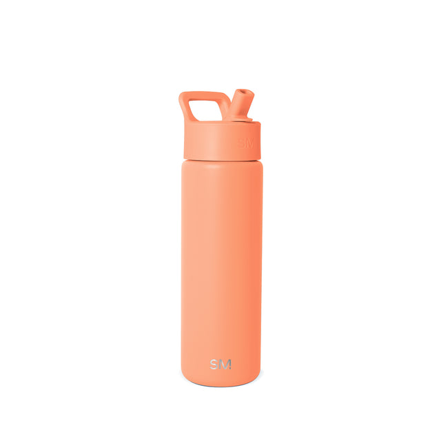 Coral-salmon pink Simple Modern insulated water bottle with square handle and flip-top spout, shown against neutral background. SM logo visible on lower front.