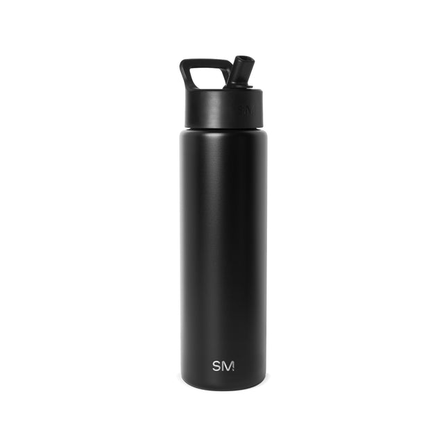 Black insulated water bottle with wide mouth opening, twist-cap lid, and carrying handle. Simple Modern logo visible on front. Studio product shot on white background.