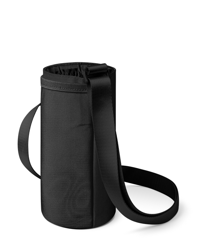 Black and charcoal gray baby carrier with dark gray fabric body, black straps, interior lining, and drawstring closure