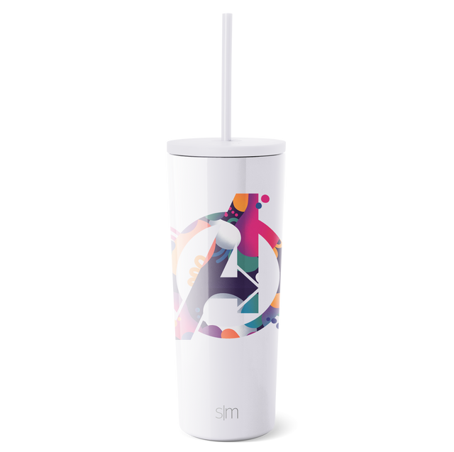 White tumbler with vibrant artistic graphic design wrapped around the middle section