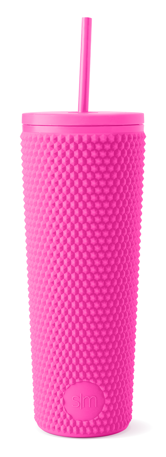 Vivid hot pink insulated tumbler with white background