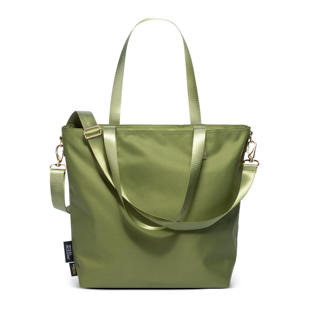 Sage green Harper Tote bag in Cordura fabric with detachable crossbody strap and rose gold hardware, front view on white background