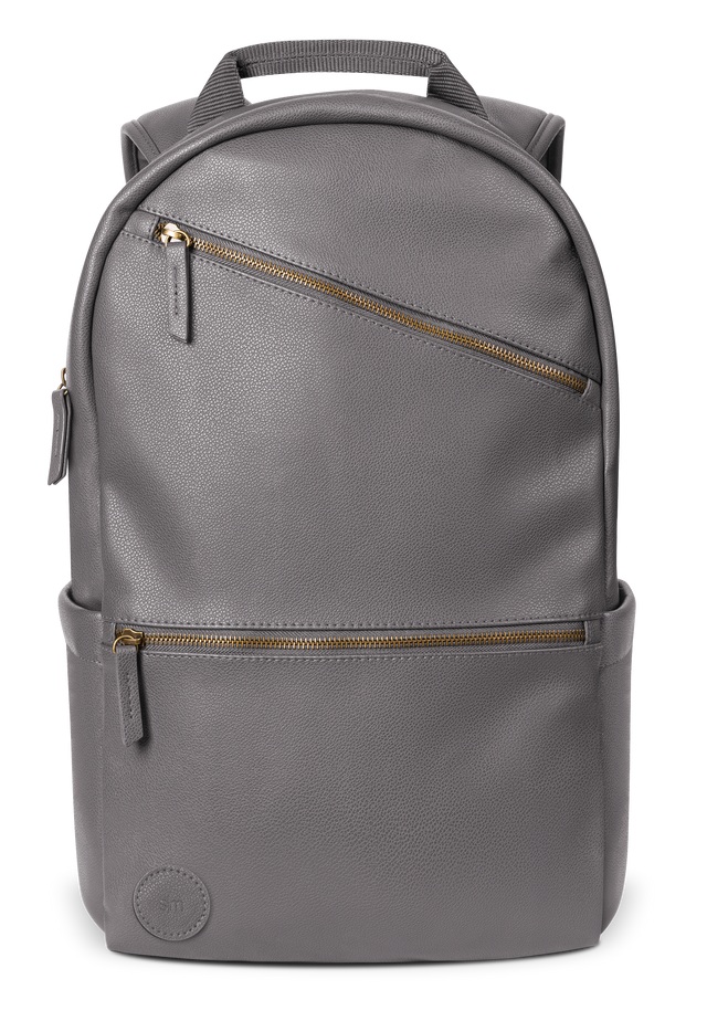 Gray canvas backpack with gold-toned metal hardware and zippers