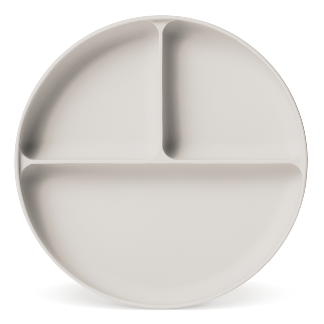 Cream-colored divided plate with three compartments and subtle gray shadows, minimalist design for serving food portions