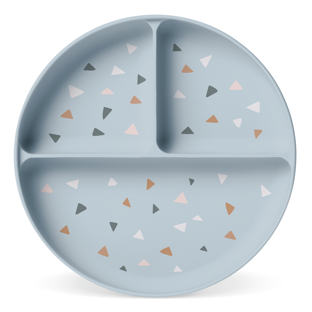 Soft blue-gray decorative plate with small triangle shapes in pale pink, terracotta, charcoal gray, and cream accents