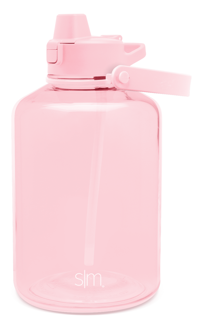 Light pink water bottle with cap and handle on white background