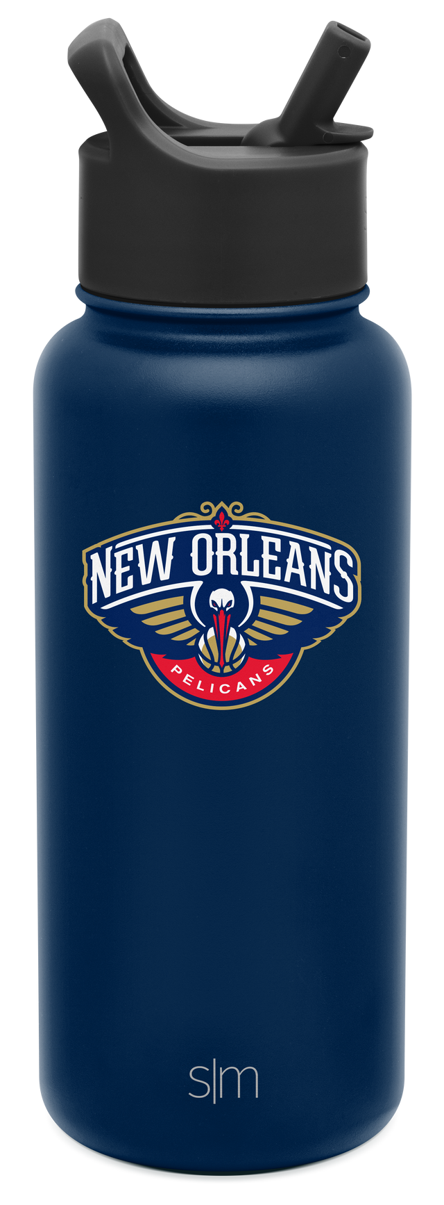 Navy blue insulated water bottle with matte finish against white background. Simple Modern design, cylindrical shape, durable appearance.