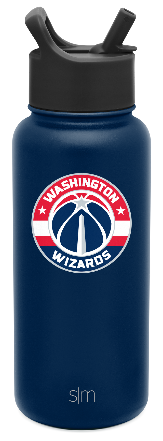 Navy blue water bottle with charcoal gray cap, Washington design