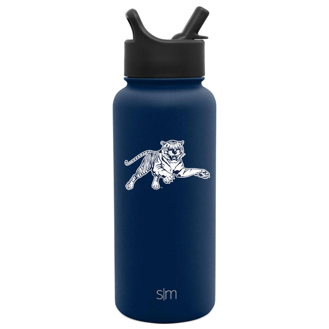 Navy blue matte water bottle with solid lid and spout assembly, featuring a sophisticated understated design.