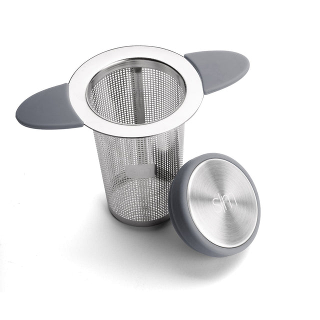 Stainless steel tea infuser with mesh basket and brushed metal components on white background